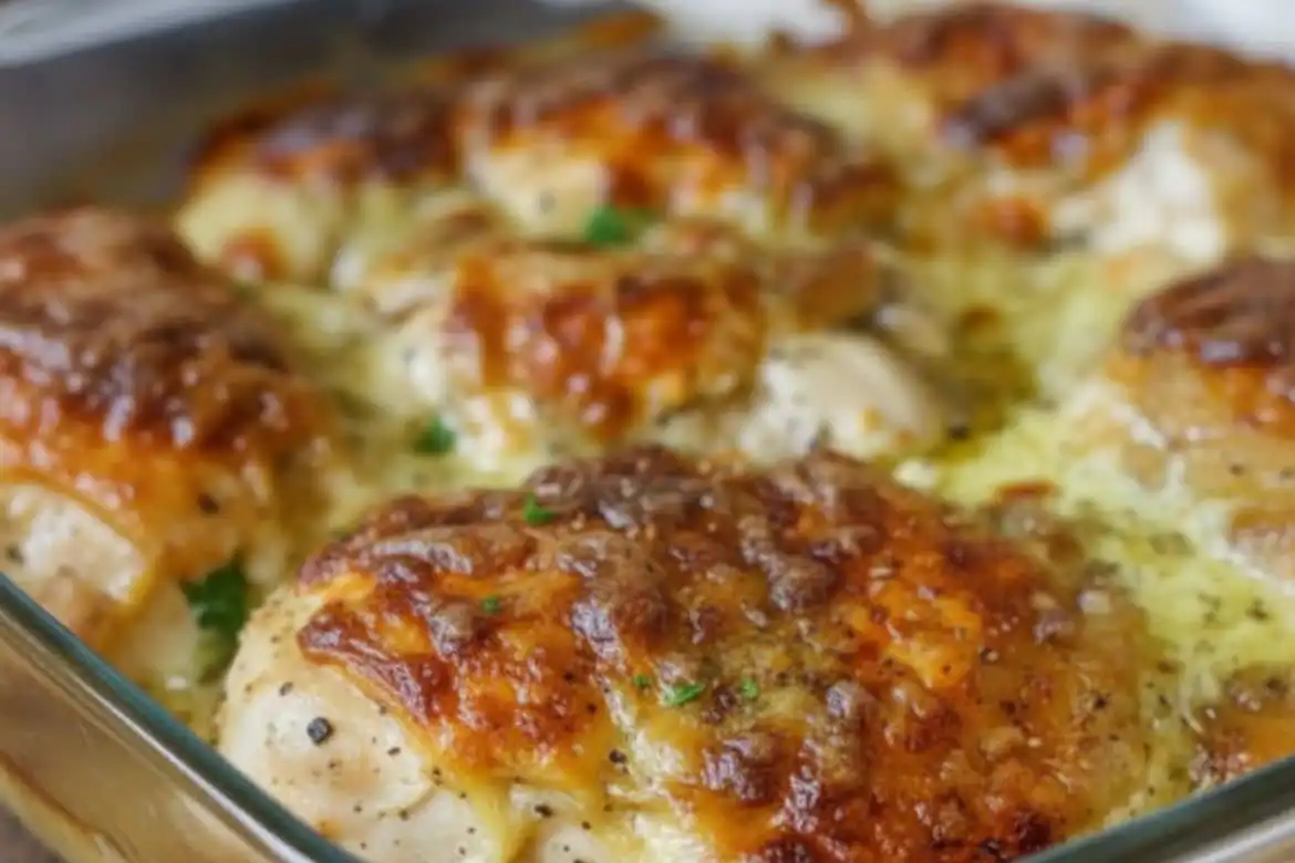Creamy baked chicken breast with provolone cheese in a glass dish