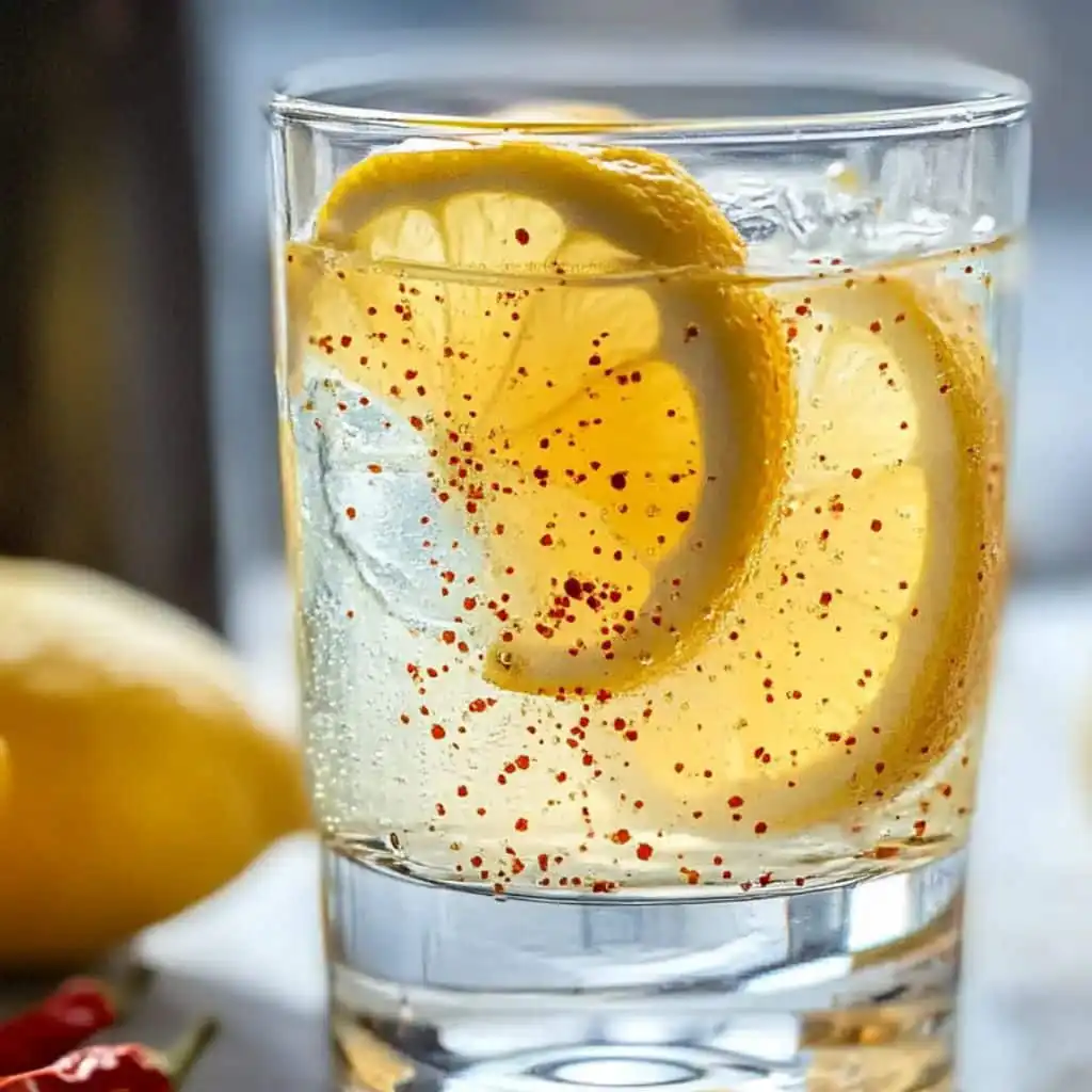 Lemon water cayenne pepper served in a clear glass with lemon slices