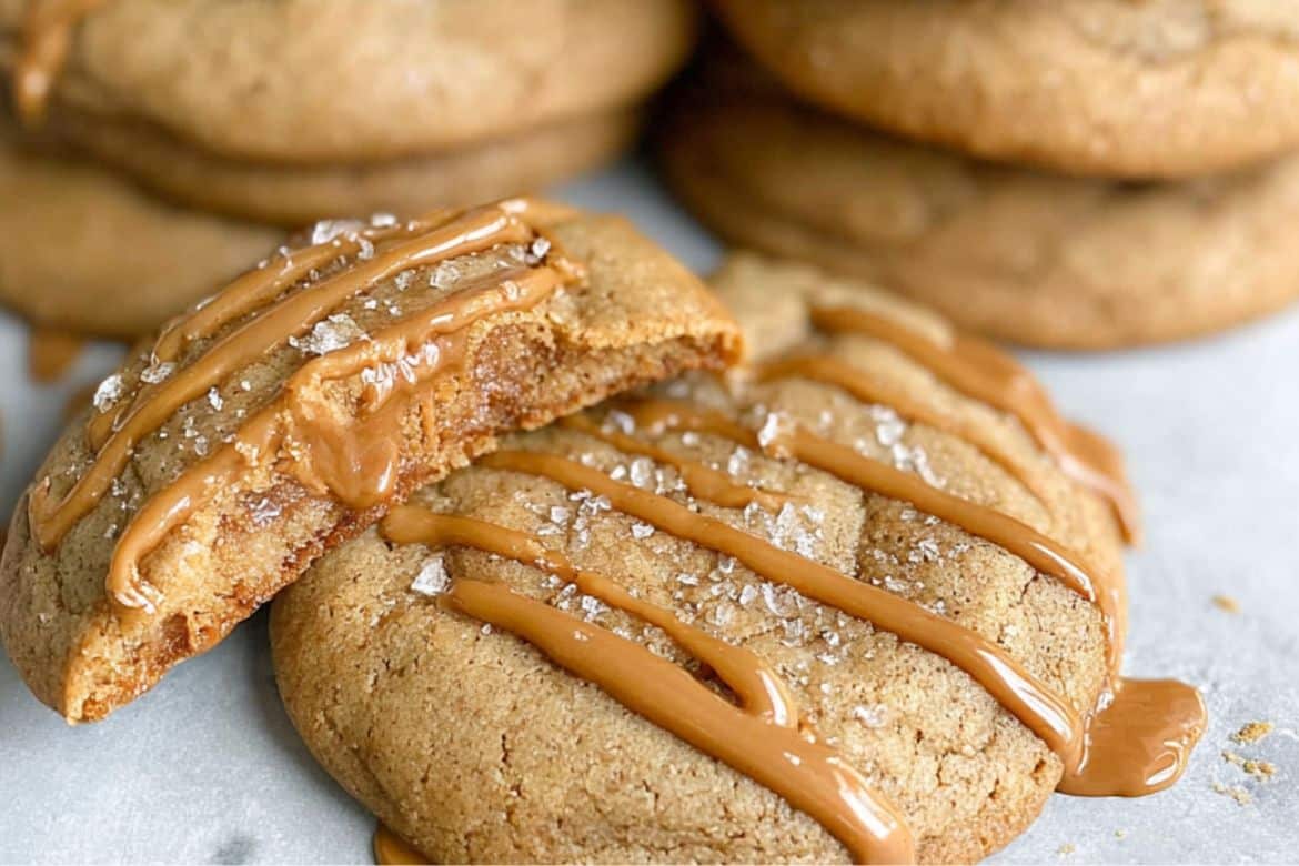 Close-up of Biscoff cookie butter cookies with melted drizzle and flaky salt