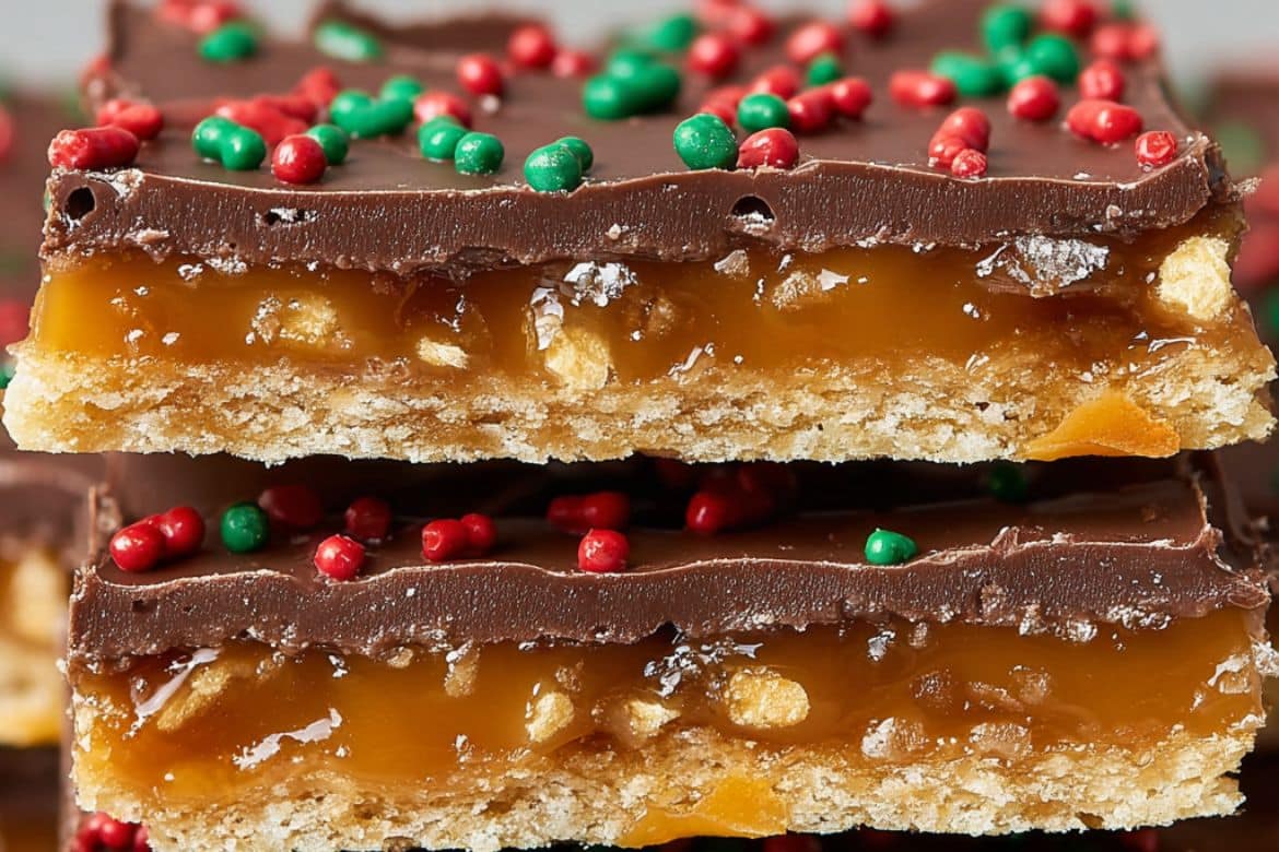 Christmas Crack recipe with chocolate caramel layers and festive sprinkles
