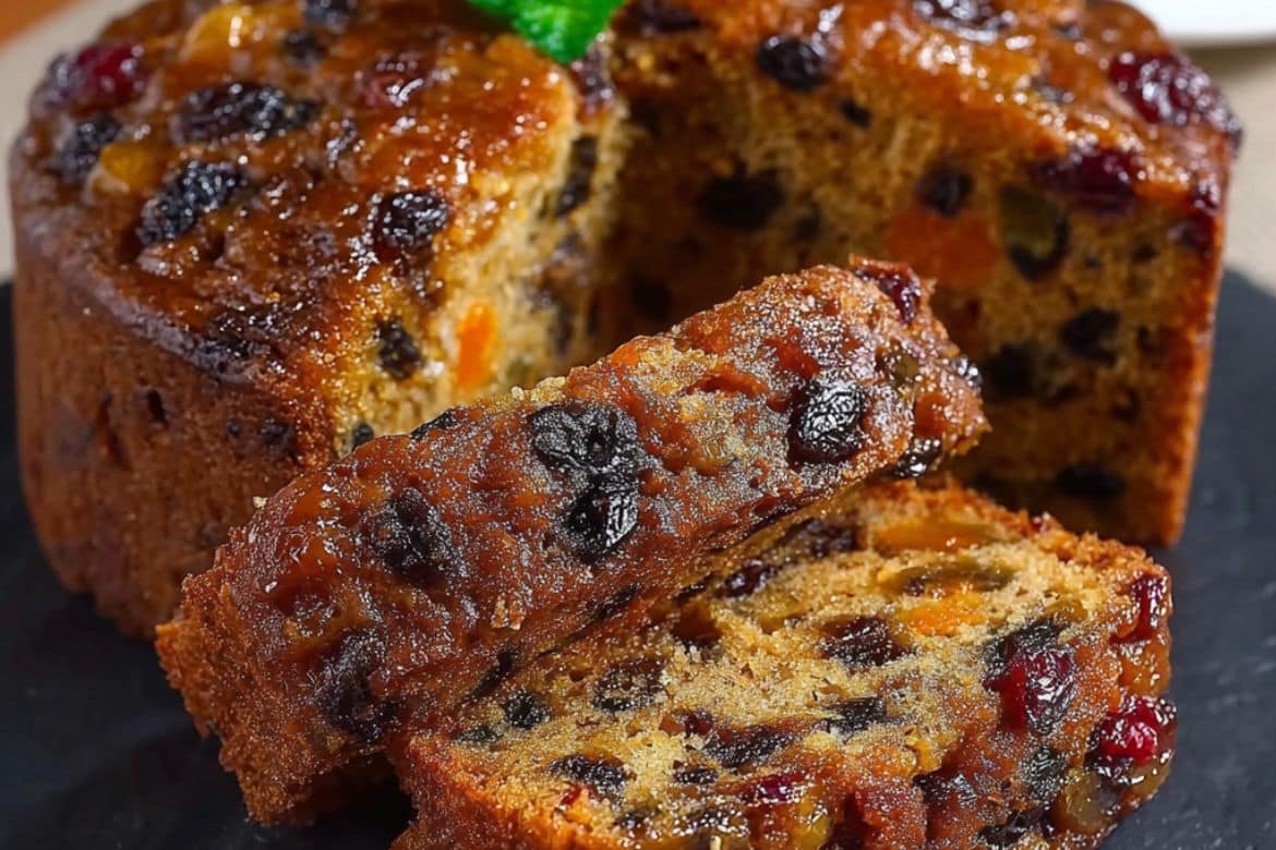 Sliced homemade fruit cake with dried fruits and glossy top