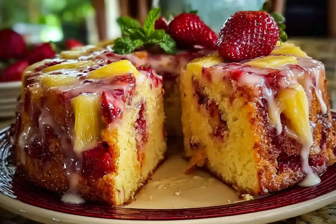 pineapple strawberry pound cake with glaze and fresh strawberries on top
