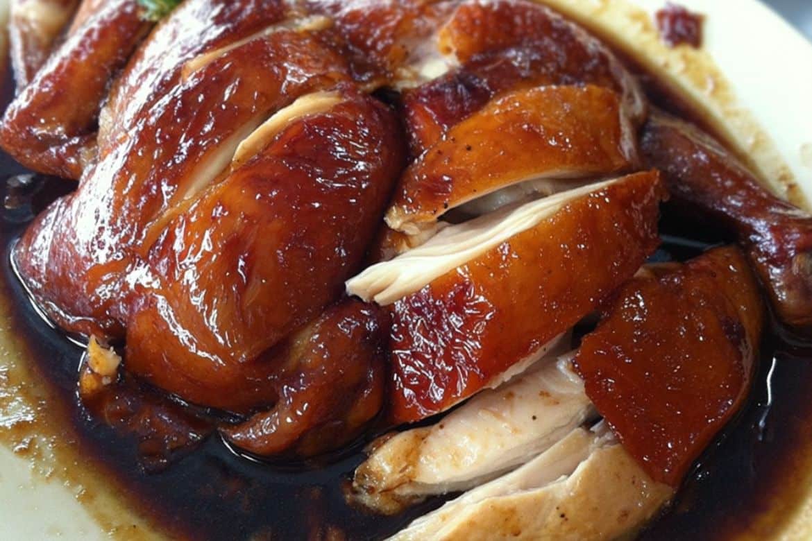 Sliced soy sauce chicken served in rich braising sauce