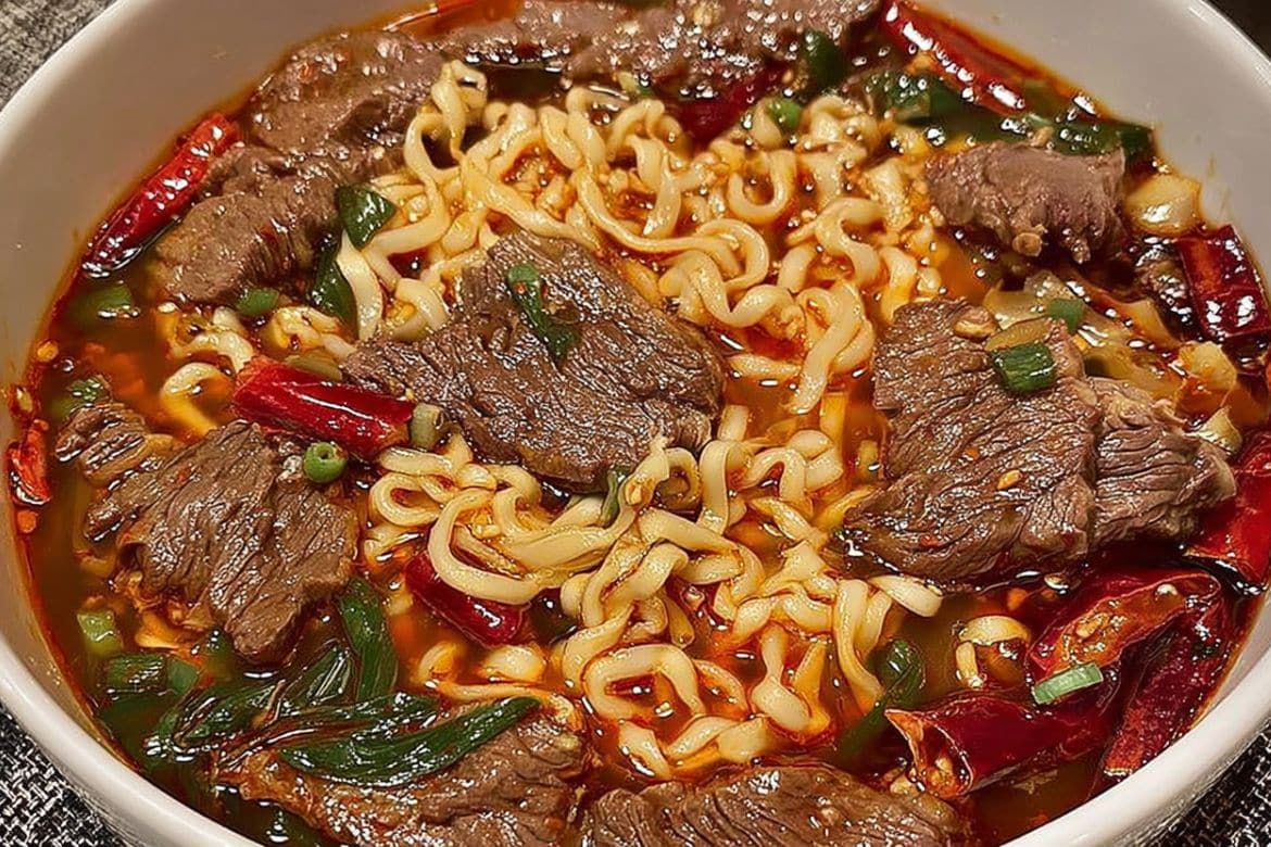 Spicy beef noodle soup with sliced beef, noodles, red chilies, and green onions in a rich broth