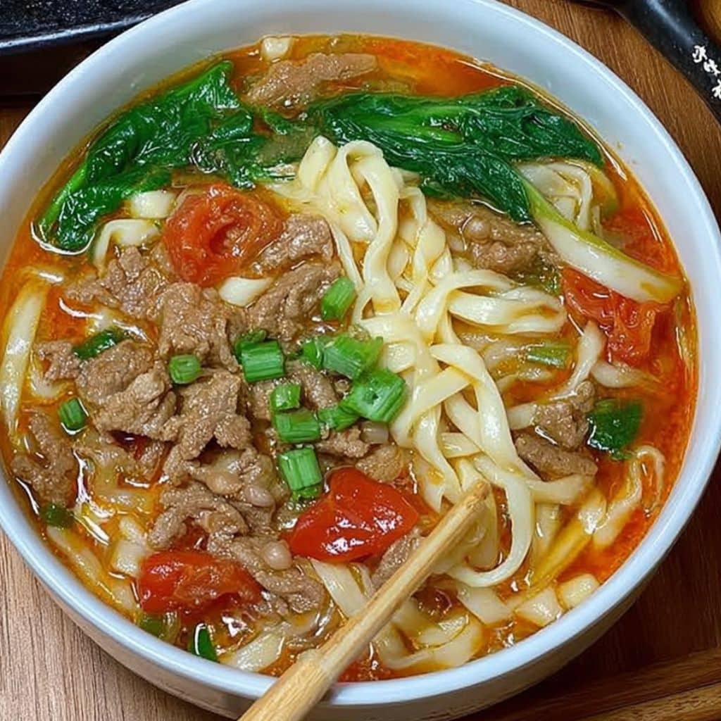 Tomato beef noodle soup with garnishes, thick noodles, and beef in a white bowl