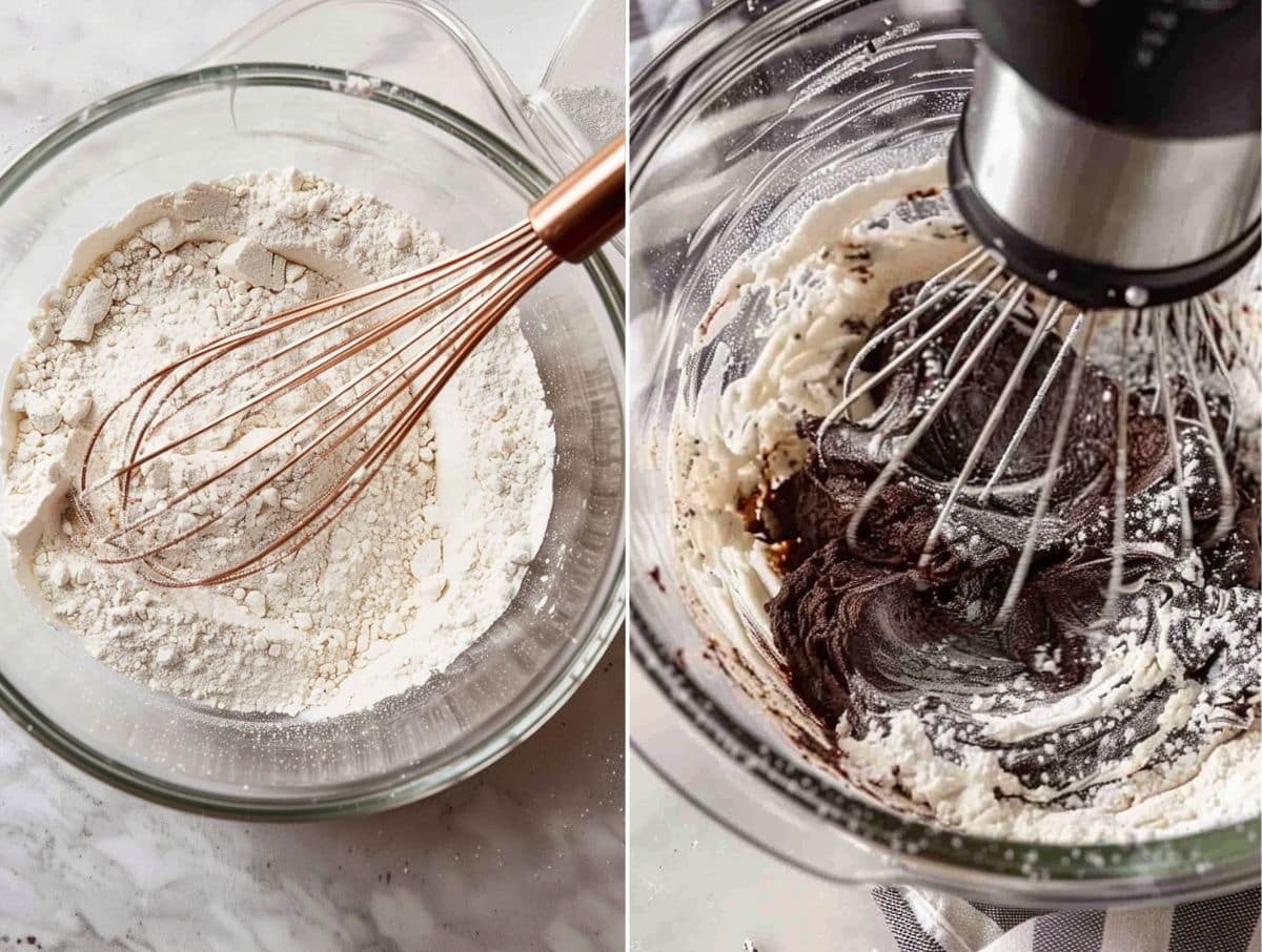 Whisking flour and combining dry ingredients with chocolate mixture for cookie dough
