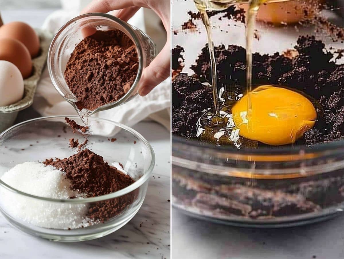 Mixing cocoa powder, sugar, and eggs for chocolate crinkle cookie dough
