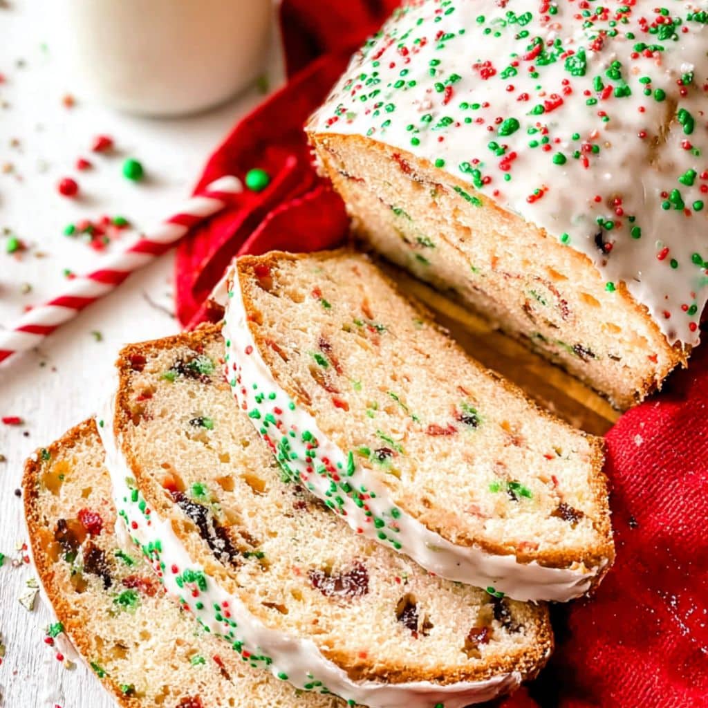 Christmas Bread Recipe sliced with white glaze and sprinkles