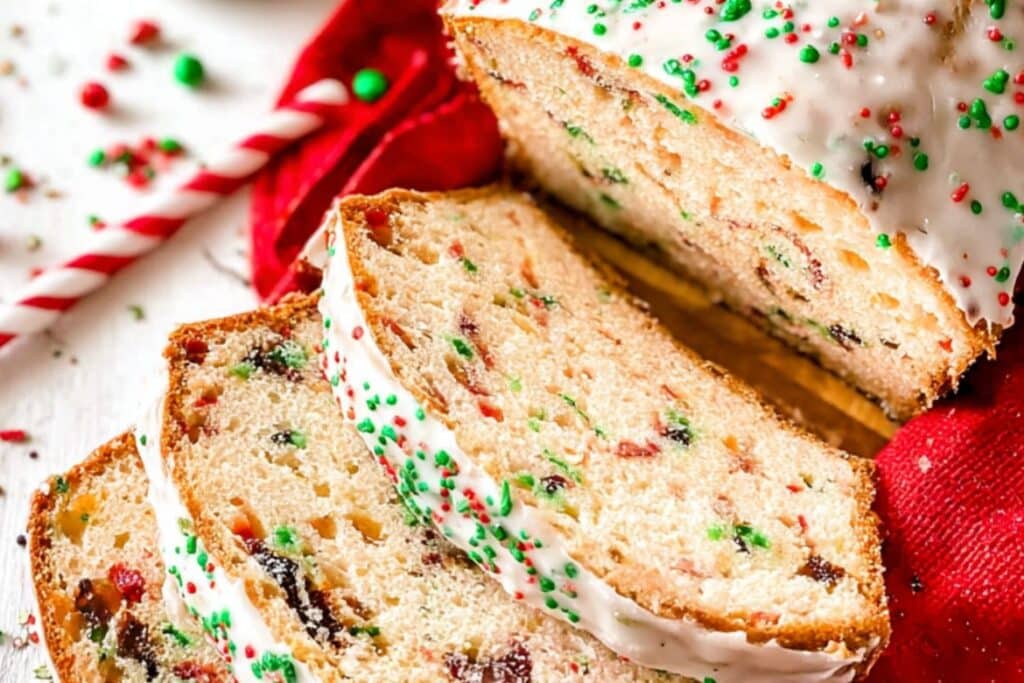 Christmas Bread Recipe with colorful sprinkles and vanilla glaze
