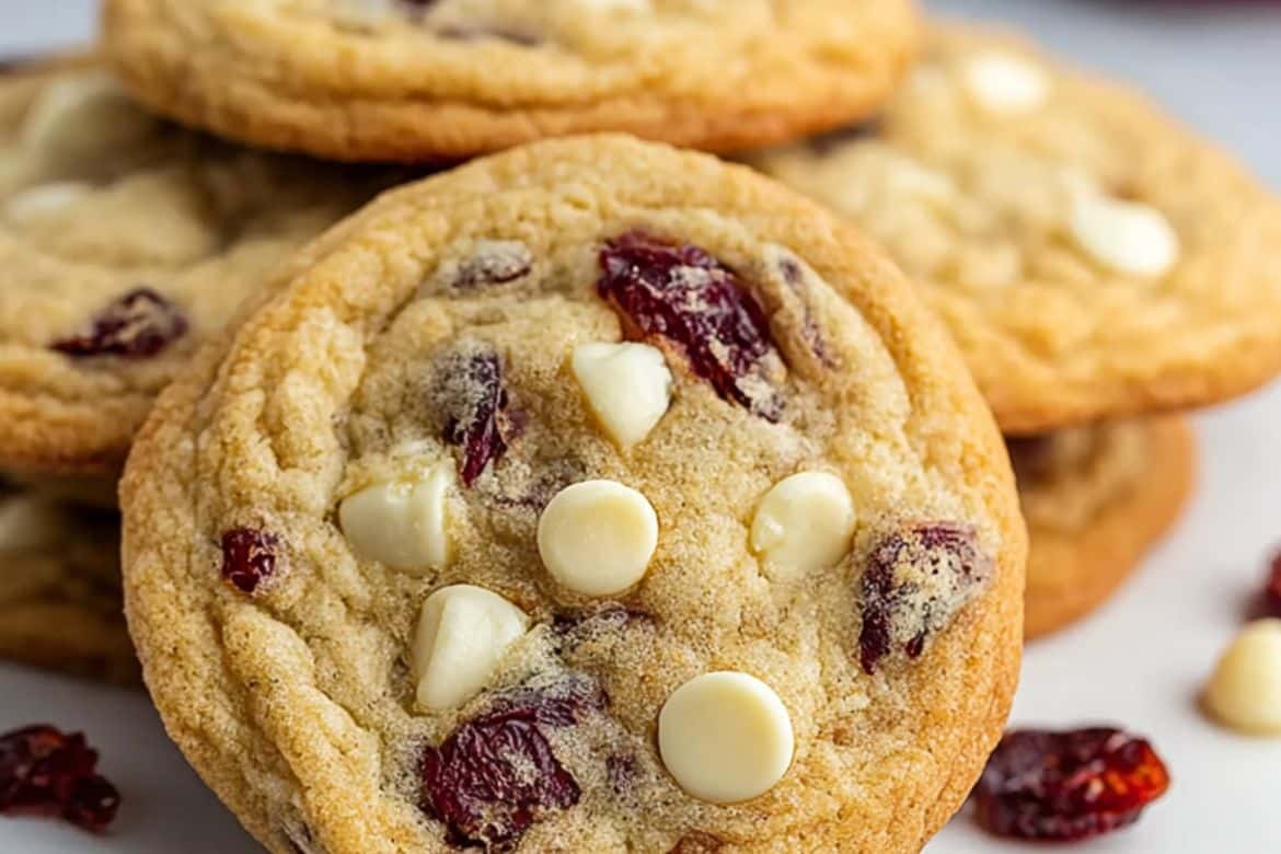 Cranberry white chocolate cookies close-up with golden edges and creamy white chips
