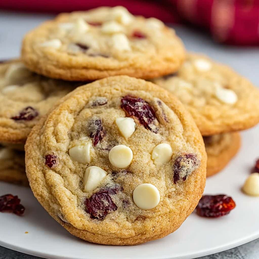 Plate of cranberry white chocolate cookies with golden edges and red cranberries