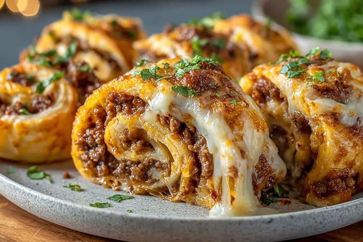 Garlic Butter Cheeseburger Rollups on a plate with melted cheese and seasoned beef filling