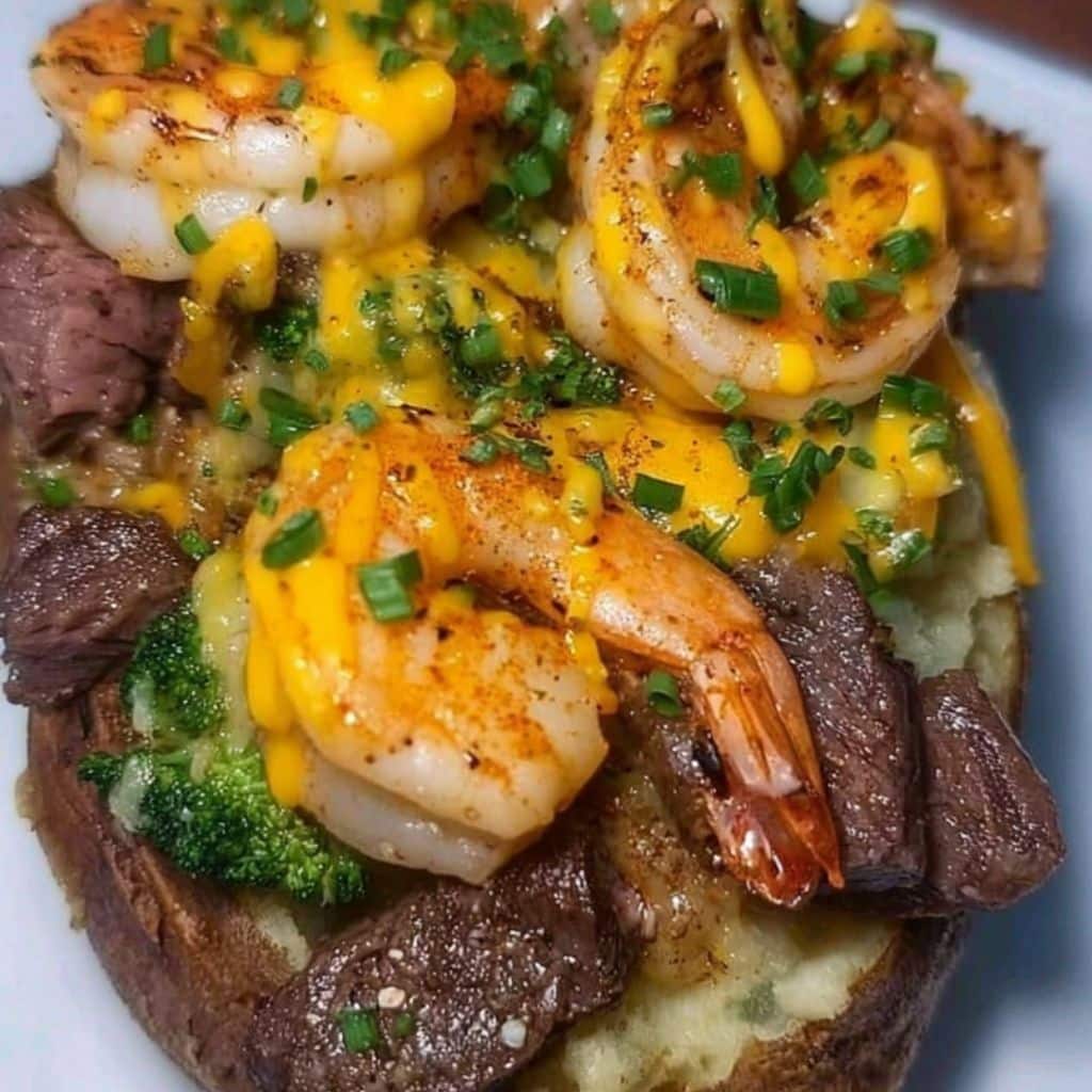 Close-up of steak and shrimp loaded baked potato with melted cheddar cheese and chives