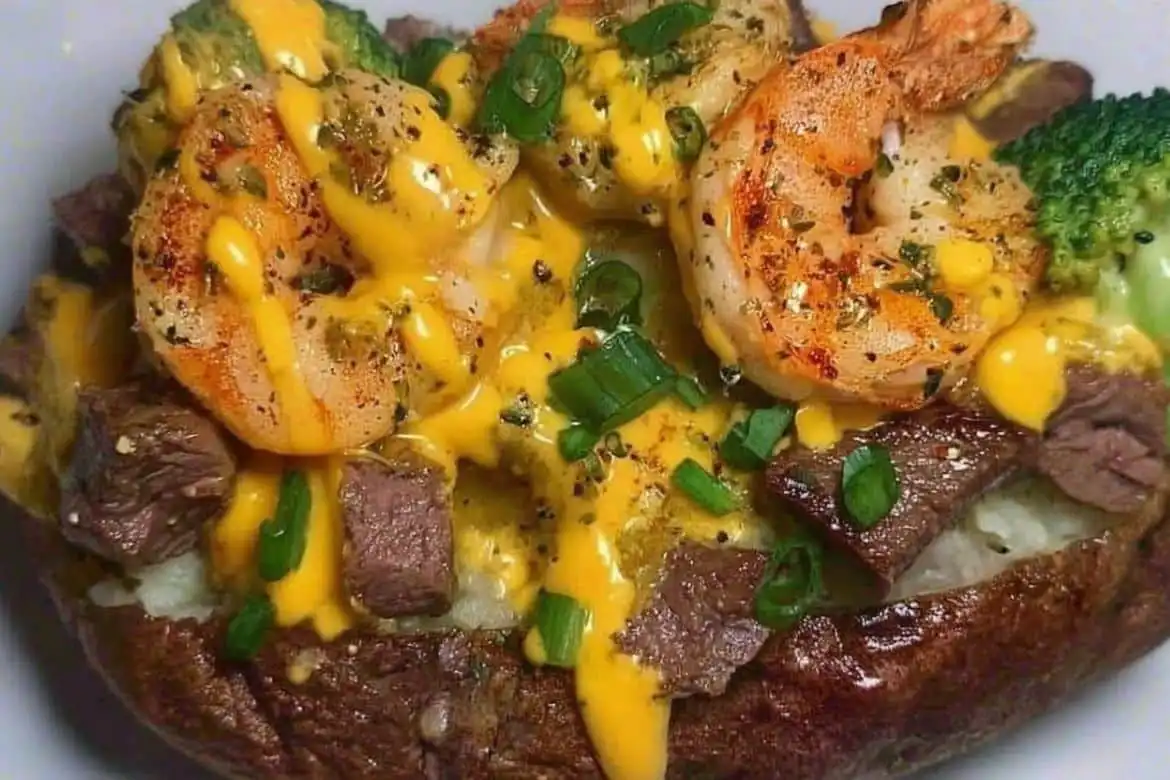 Steak and shrimp loaded potato topped with cheddar cheese sauce and green onions