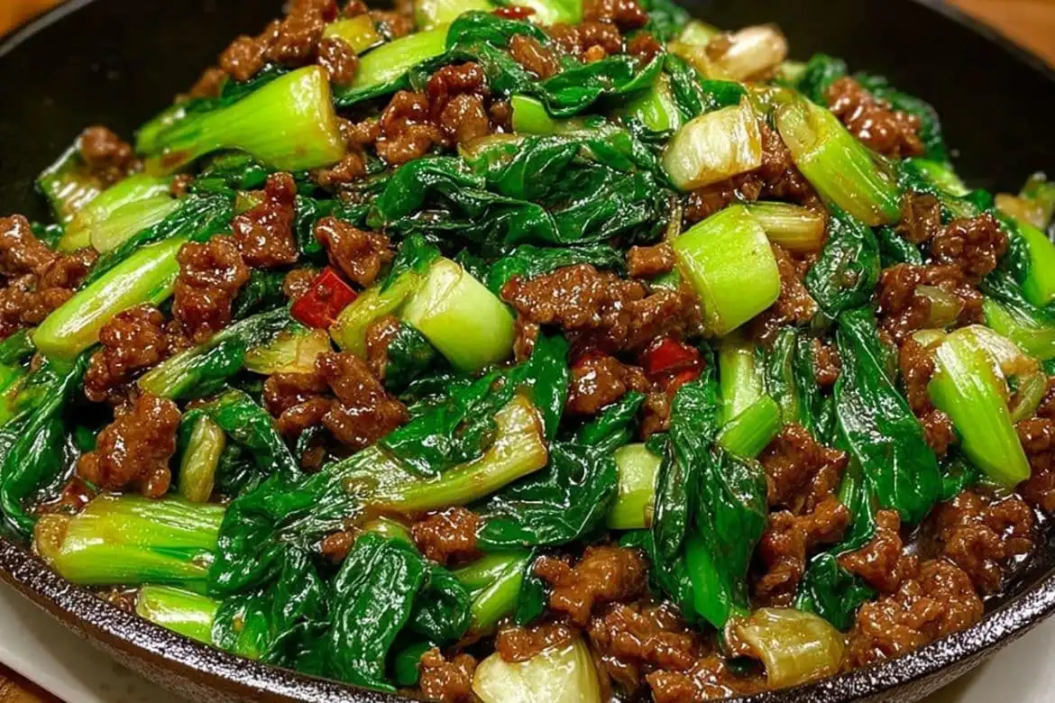 stir-fried bok choy with beef in savory sauce