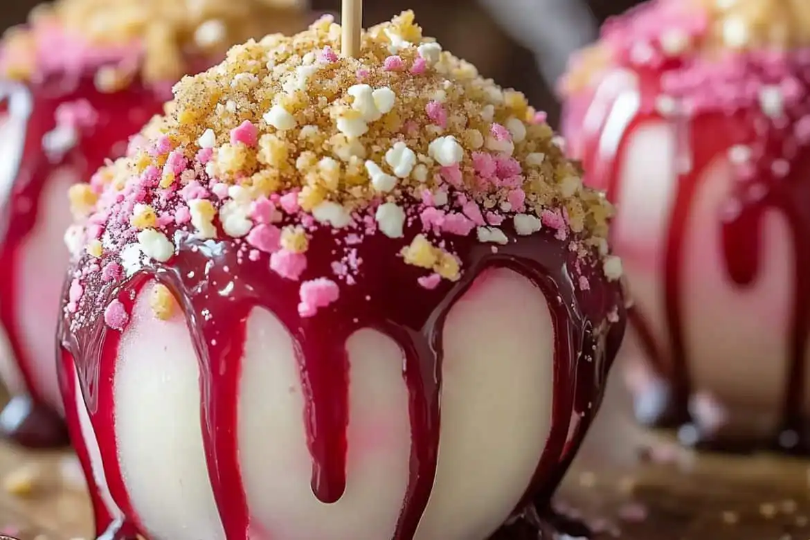 Strawberry shortcake candy apples coated with white chocolate, strawberry drizzle, and crumble