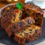 Whole and sliced fruit cake with dried fruits and glossy finish