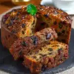 Whole and sliced fruit cake with dried fruits and glossy finish