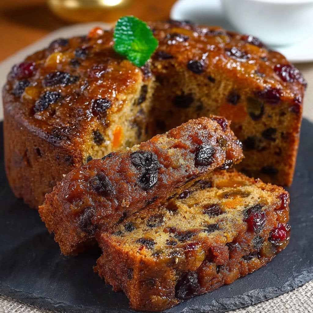 Whole and sliced fruit cake with dried fruits and glossy finish
