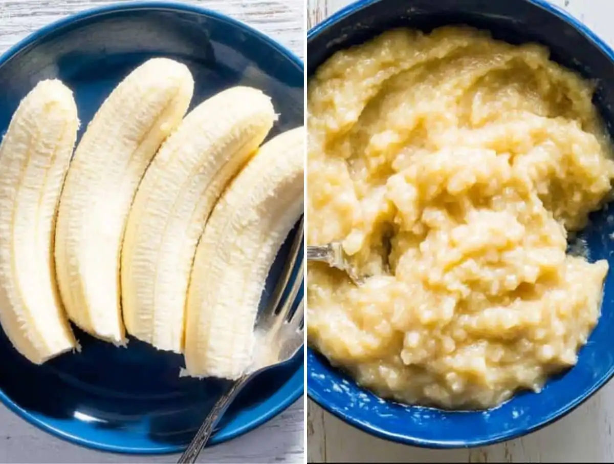 Whole bananas and mashed bananas side by side in a blue bowl