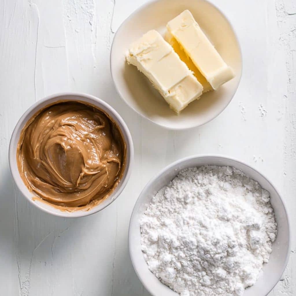 Ingredients for peanut butter balls including peanut butter, butter, and powdered sugar