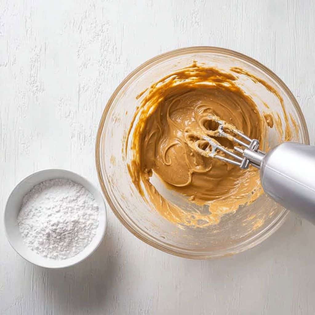 Mixing peanut butter and butter in a glass bowl with an electric mixer