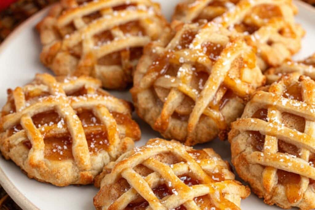 Mini apple pie cookies with lattice crust on a plate, golden brown with a light dusting of powdered sugar.