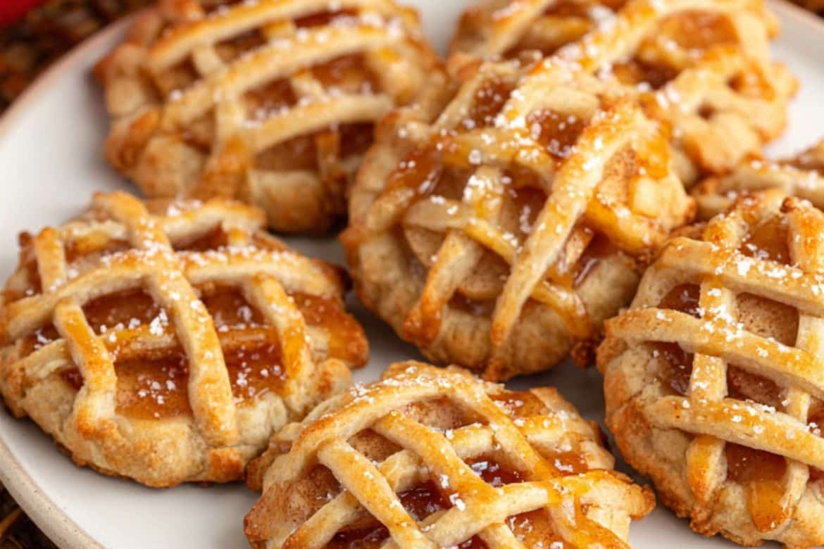 Mini apple pie cookies with lattice crust on a plate, golden brown with a light dusting of powdered sugar.