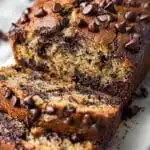 Chocolate Chip Banana Bread sliced with gooey chocolate chips