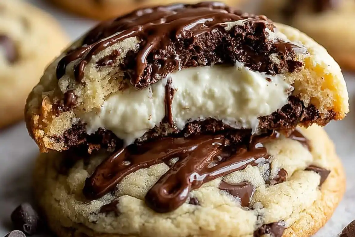 Chocolate chip cheesecake cookie with creamy filling and melted chocolate drizzle