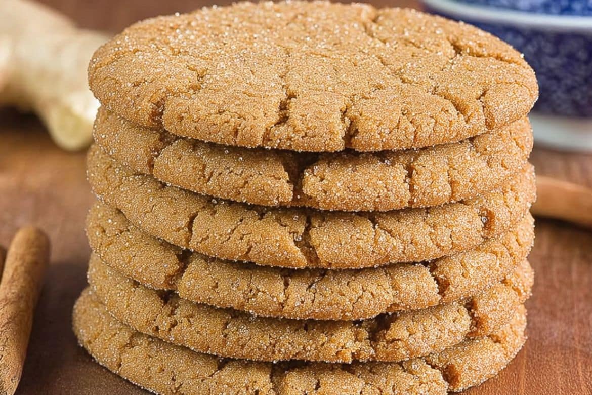 Stack of sugar-coated ginger cookies with crackled tops