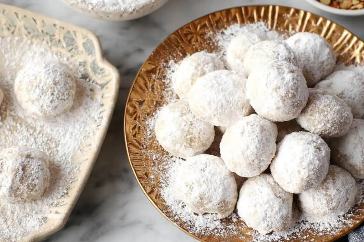 Mexican wedding cookies coated in powdered sugar on serving plates