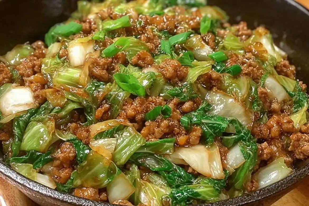 Minced meat stir fry with Chinese cabbage in savory sauce
