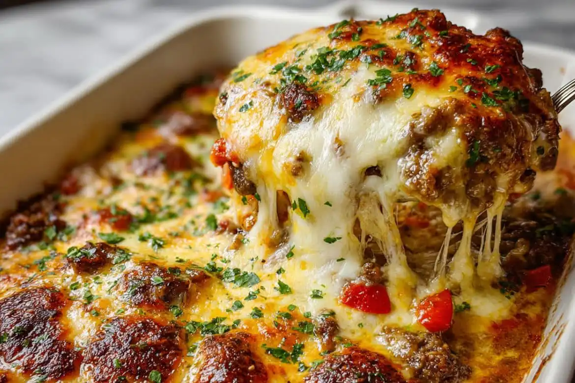 Philly Cheesesteak Casserole with melted cheese and ground beef