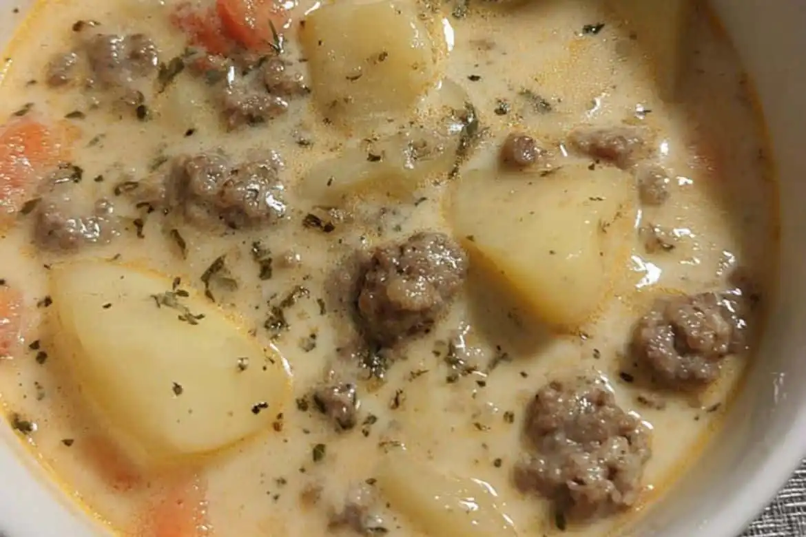 Creamy sausage potato soup with carrots and herbs in a white bowl