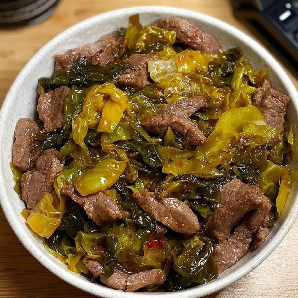 Bowl of stir-fried beef with pickled mustard greens in savory sauce