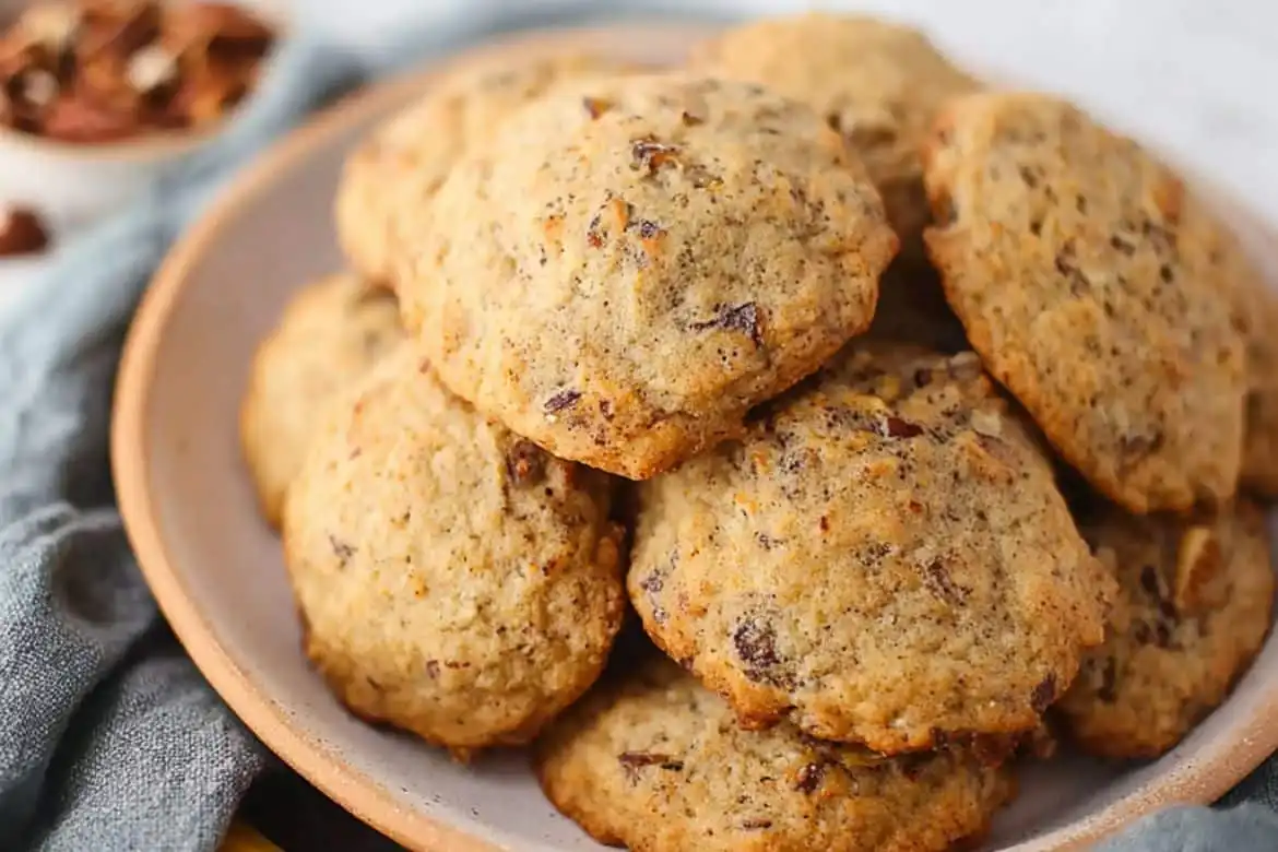 Soft banana cookies with chopped pecans on a plate