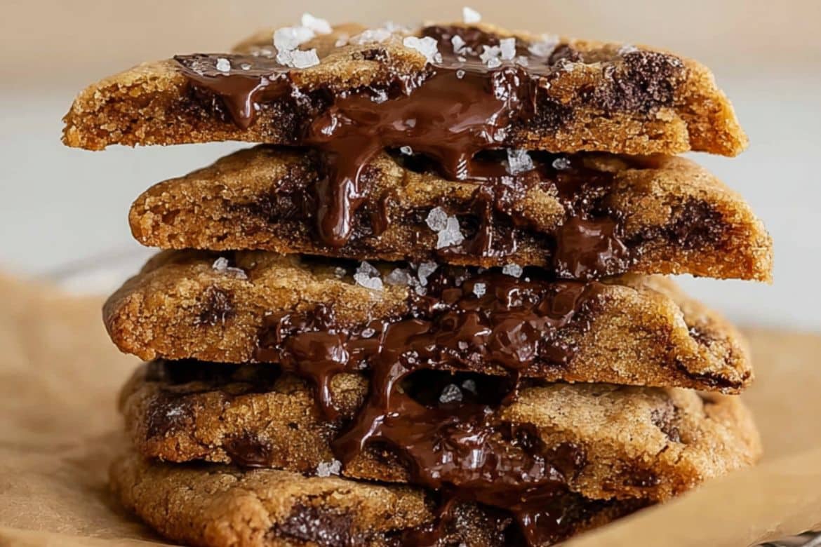 Chewy coffee cookies stacked with melted dark chocolate and flaky salt