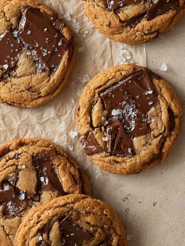 Coffee cookies with melted chocolate chunks and flaky salt on parchment