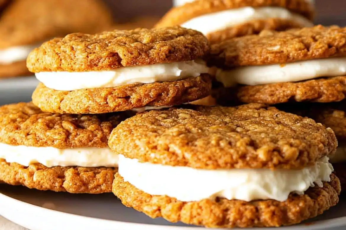 Homemade oatmeal cream pie cookies with vanilla filling on plate