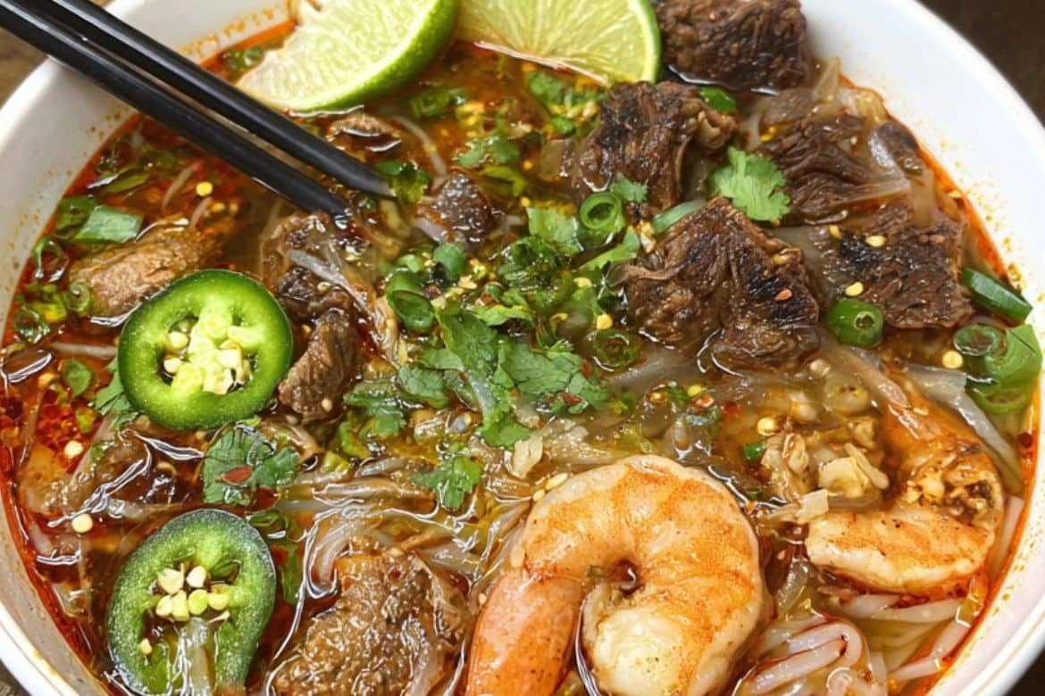 Bowl of oxtail pho with shrimp, lime wedges, jalapeños, and herbs