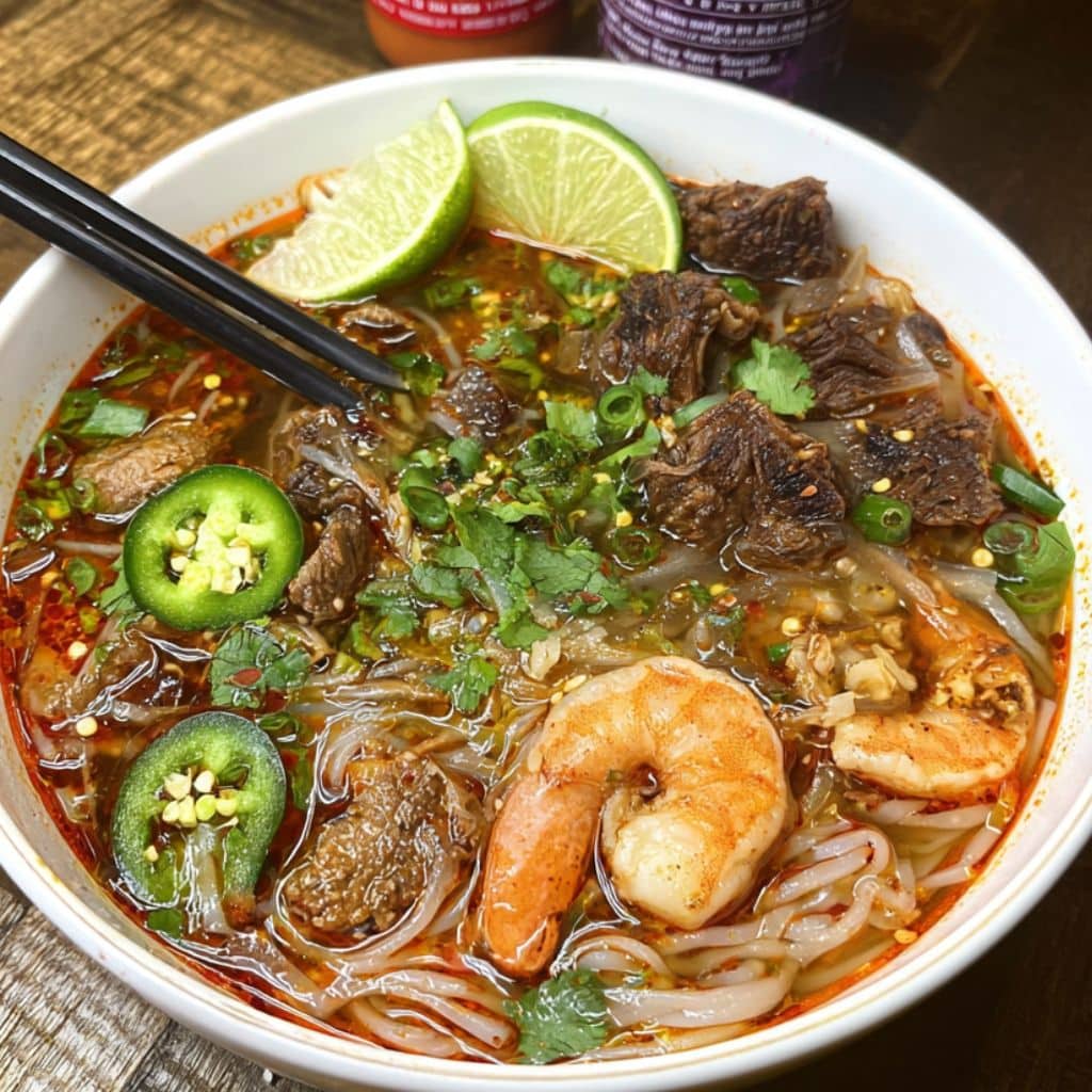 Steaming bowl of oxtail pho with shrimp, lime, and jalapeños