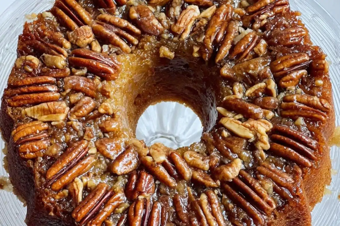 pecan upside down cake recipe with glossy caramelized pecans in bundt shape