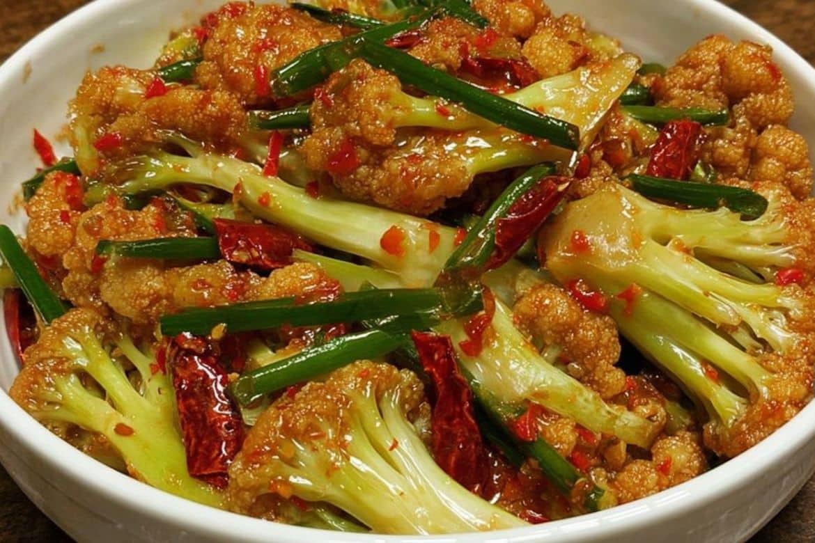 Spicy cauliflower stir fry with Chinese cauliflower, dried red chilies, and scallions in a white bowl