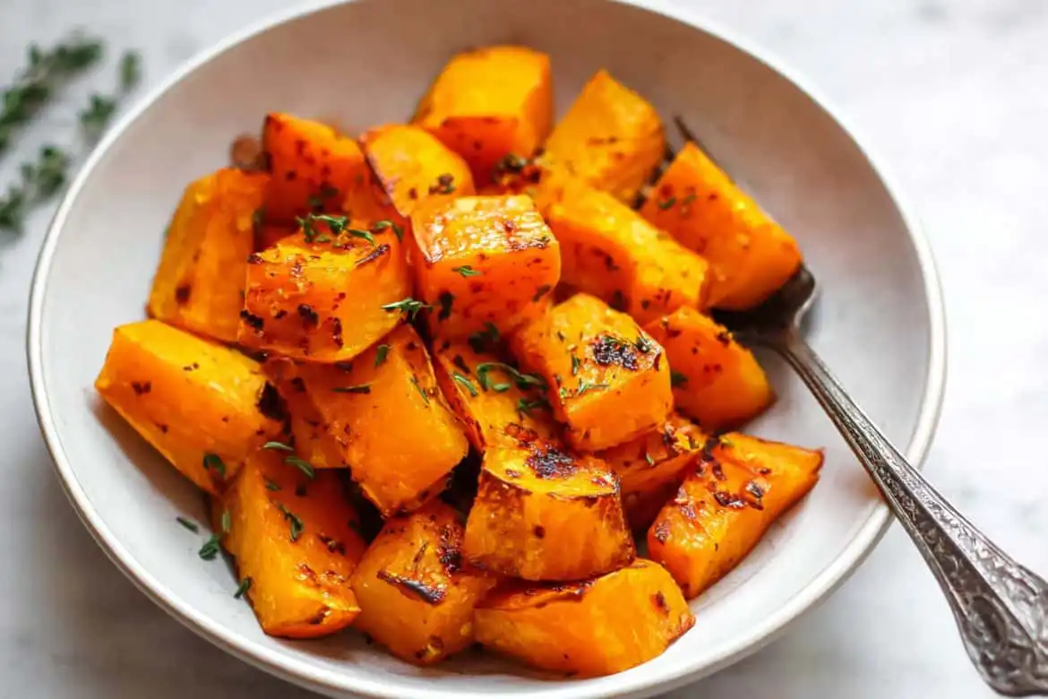Roasted butternut squash in a white bowl with herbs and golden caramelized edges