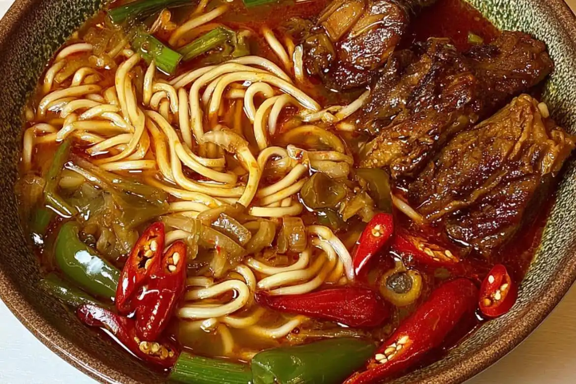 Spicy rib noodle soup served with noodles, red chilies, and tender beef ribs in broth