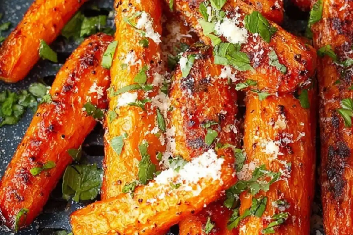 Air fryer carrots recipe with garlic, parmesan, and herbs