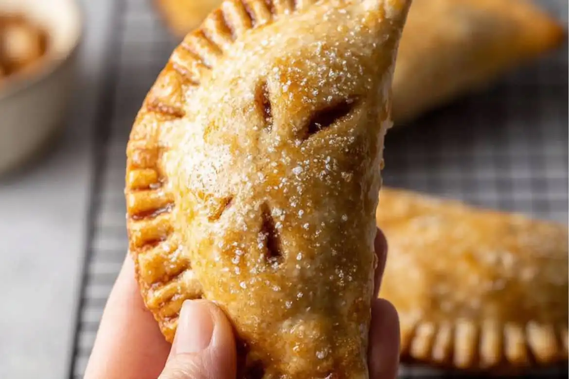 Hand holding a golden flaky apple hand pie sprinkled with sugar