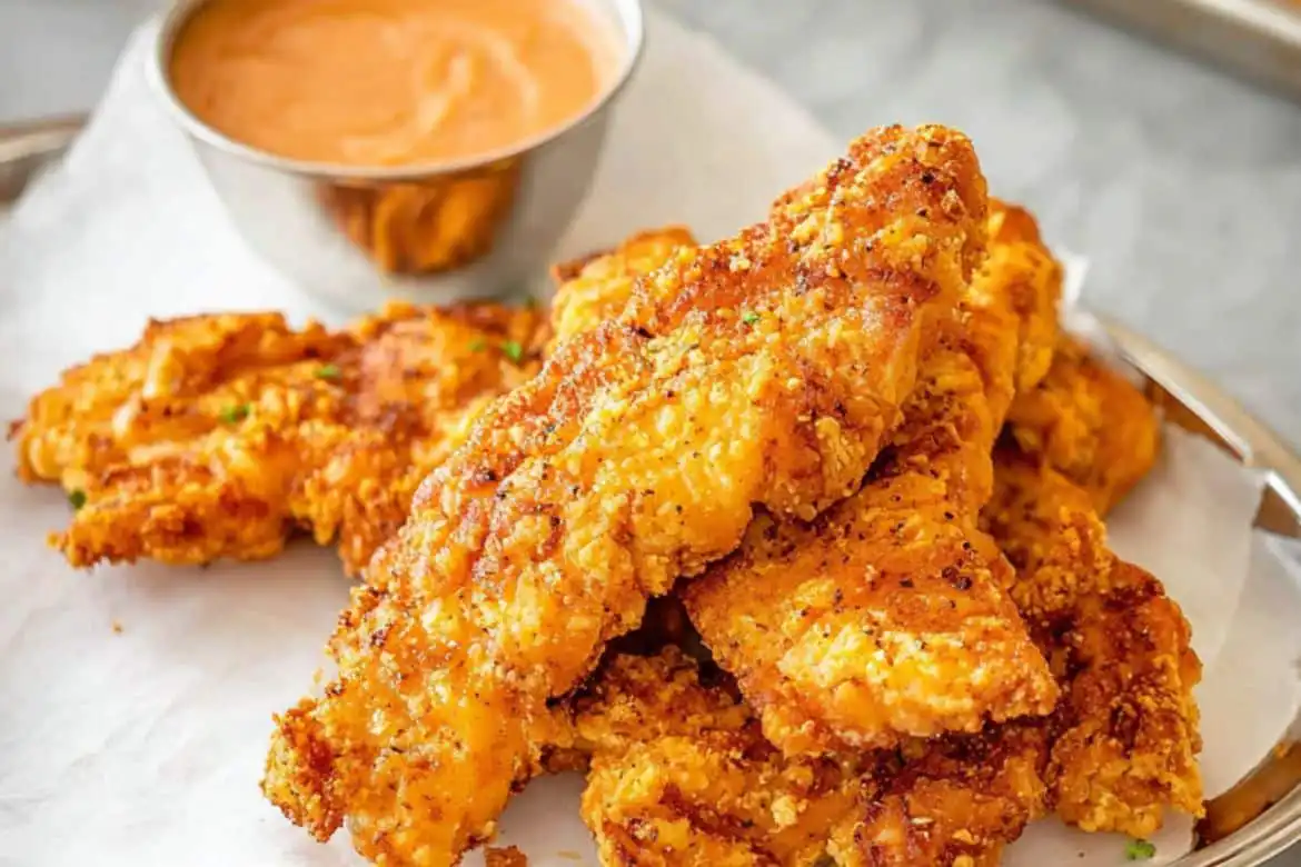 crispy canes chicken tenders with dipping sauce on tray