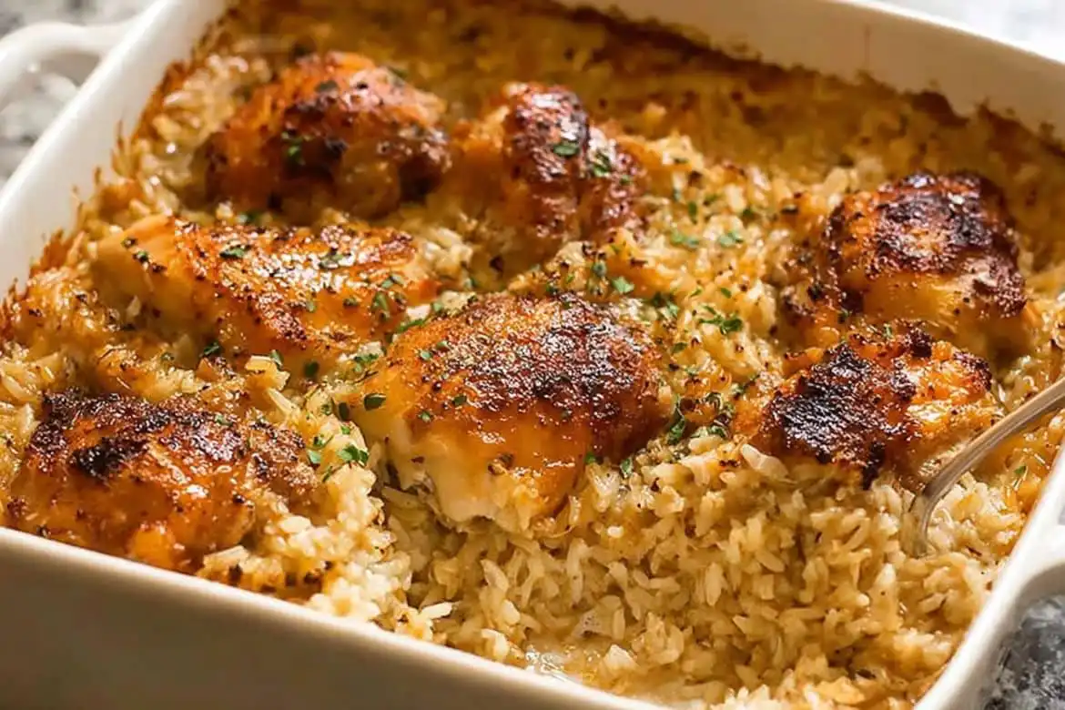 Baked chicken and rice in a white casserole dish with crispy seasoned thighs and fluffy rice